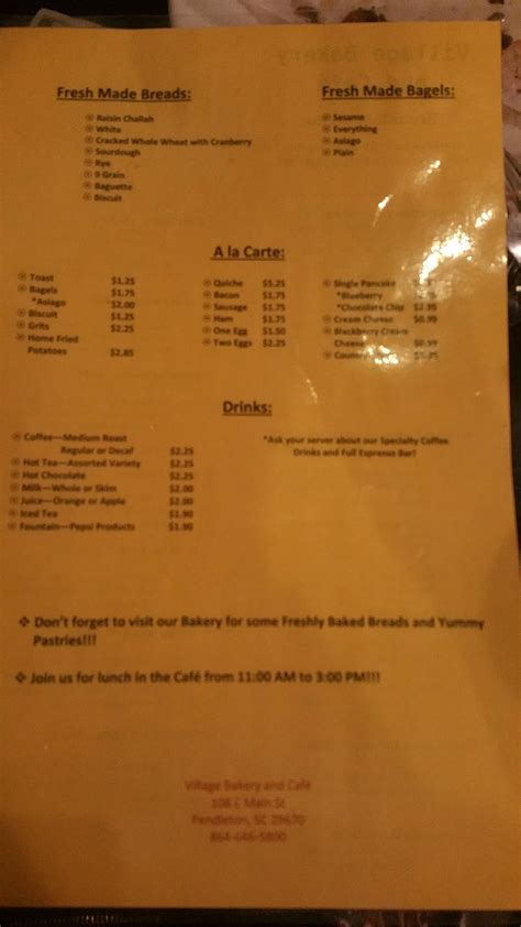 the village cafe and bakery|village bakery pendleton sc menu.